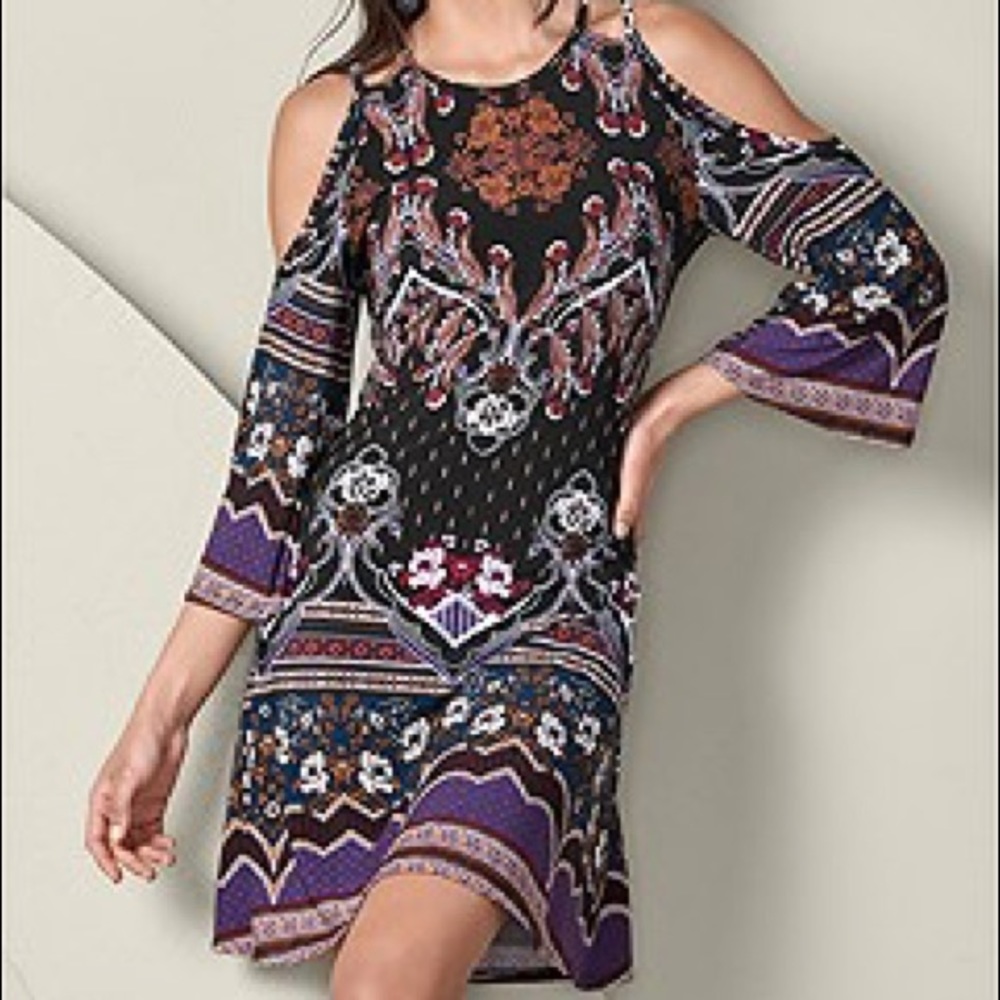 VENUS Black and Purple Cold Shoulder Midi Dress!